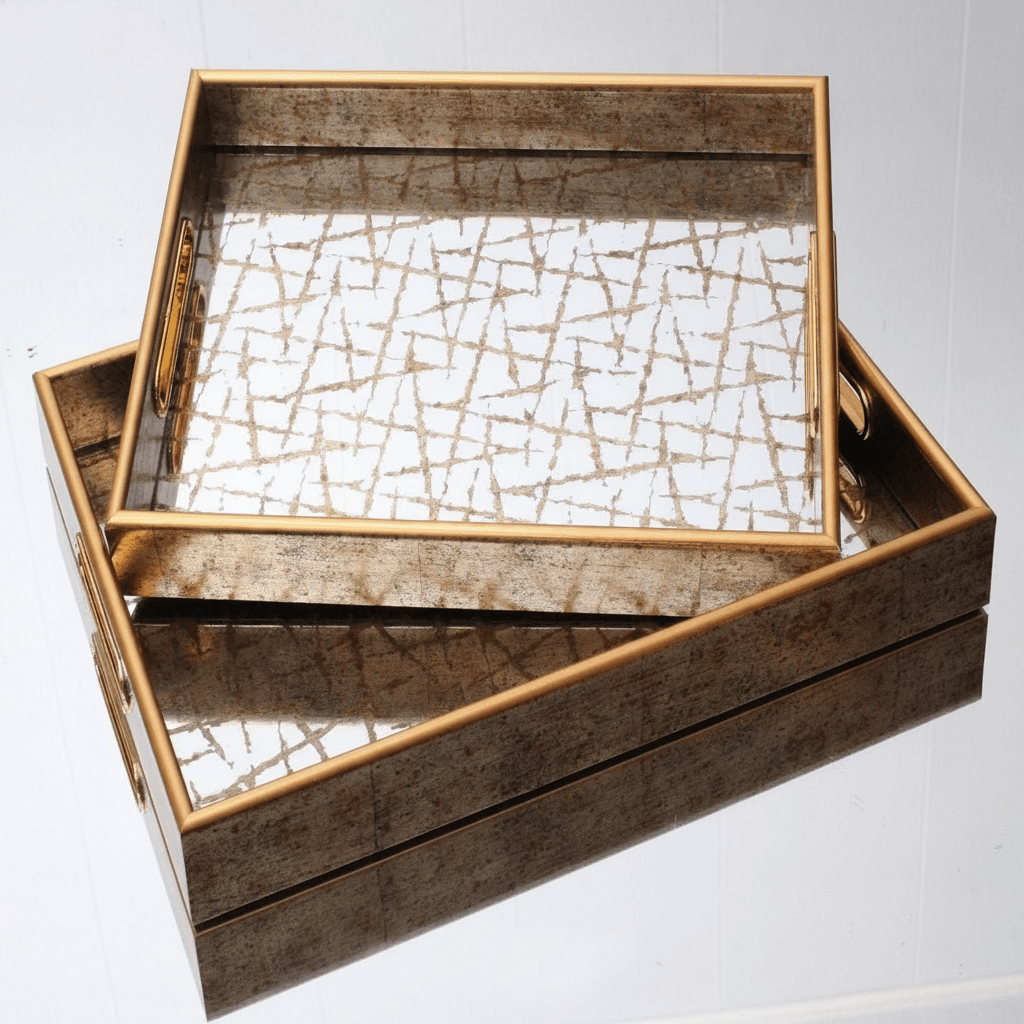 Plateaux carre en verre avec motif dorée - MDM HOME