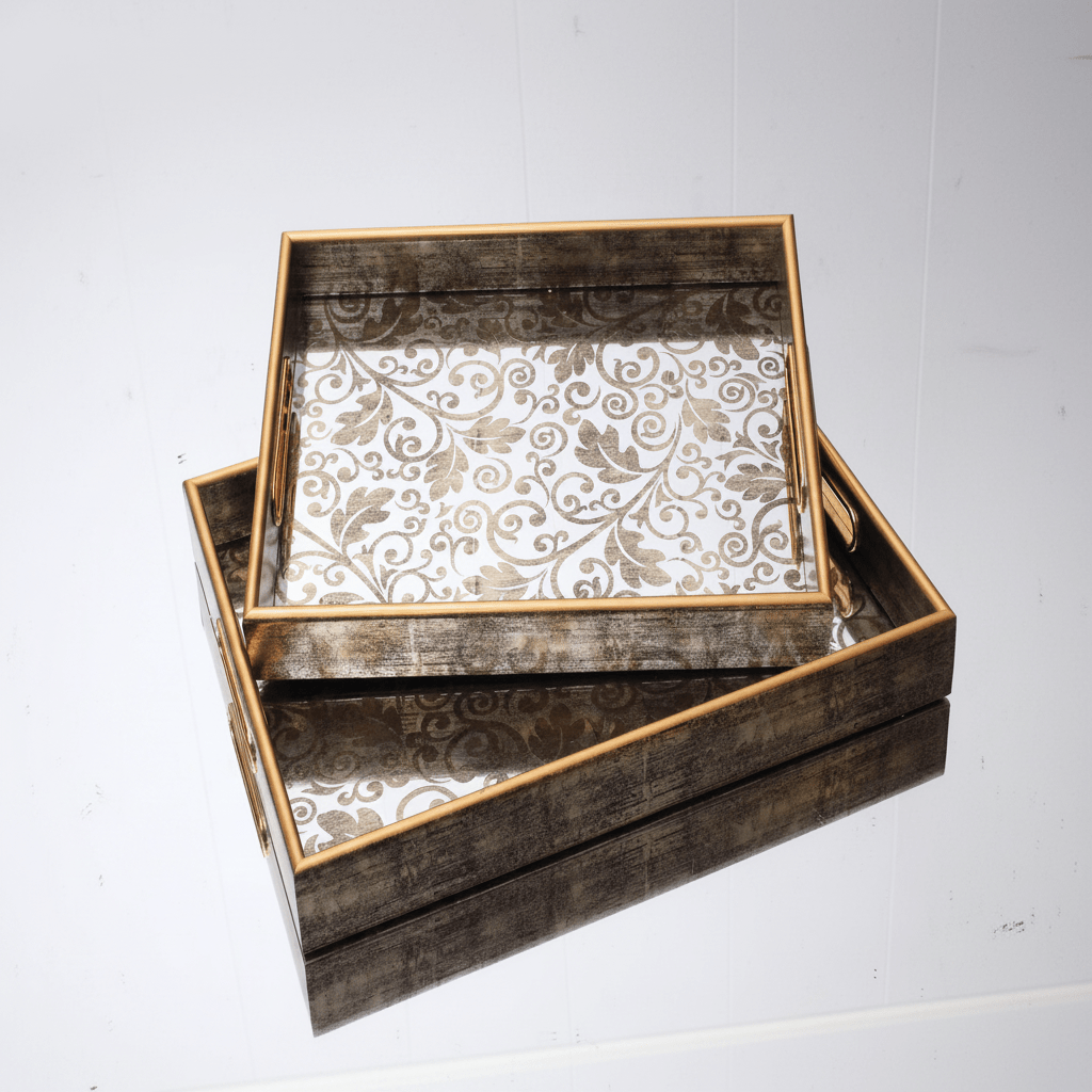 Plateaux carre en verre avec motif dorée - MDM HOME